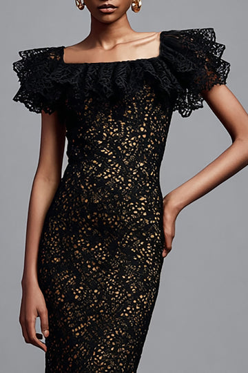 Fourreau en dentelle noire Robe longue formelle à volants avec manches